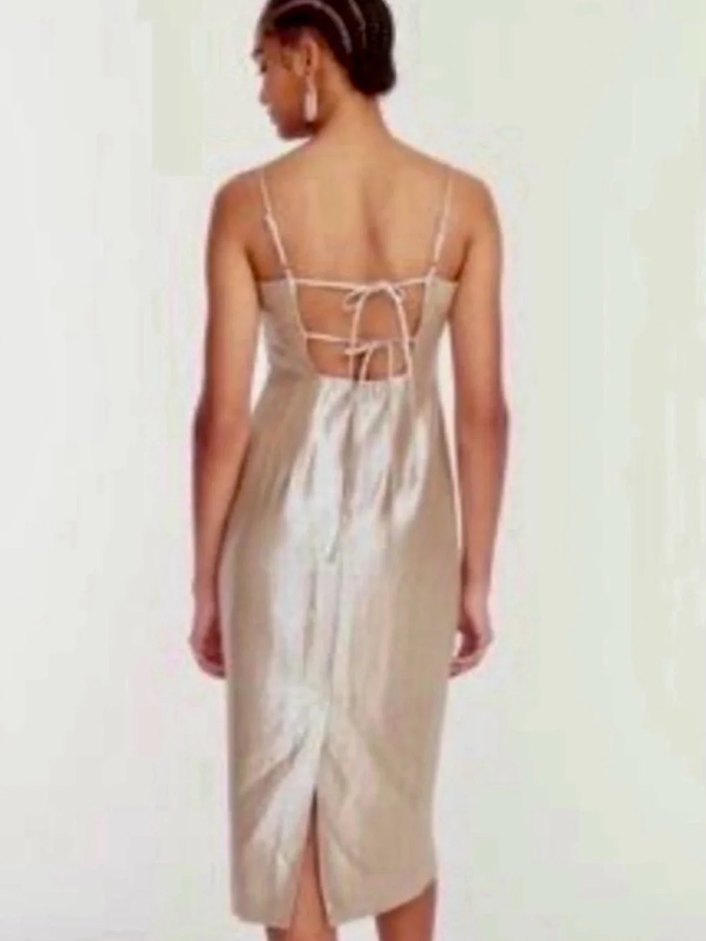 J. Crew Metallic Gold Midi Dress with Spaghetti Straps and Tie Back - Sz 6 NWT